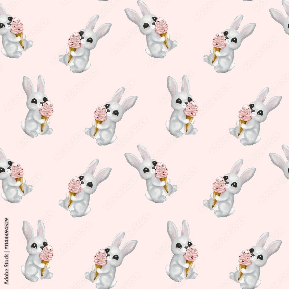 Fototapeta premium Cream hare watercolor seamless pattern for textile and packaging design