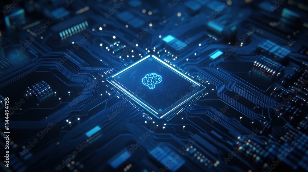 Fototapeta premium Futuristic Circuit Board with Brain Icon, AI Concept.