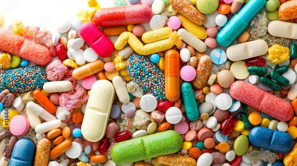 High Quality Isolated Microbes on White Background with Colorful Capsules and Pills for Pharmaceutical Use High Quality Isolated Microbes on White Background with Colorful Capsules and Pills for Pharmaceutical Use