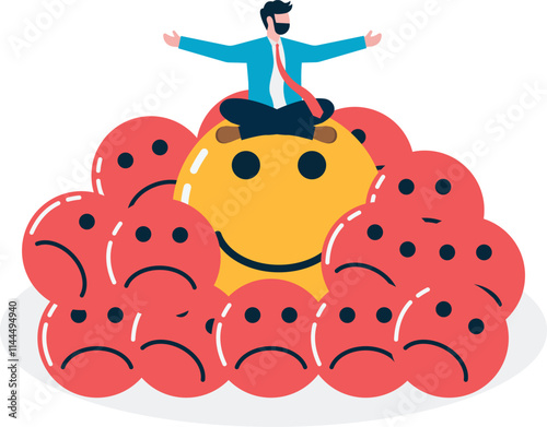 A man meditating on a smiling ball among other gloomy balls. Illustration of being optimistic, cheerful, positive and happy.
