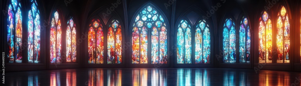 Fototapeta premium A virtual cathedral filled with stained glass windows that transform into animated stories as users gaze at them