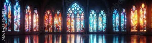 A virtual cathedral filled with stained glass windows that transform into animated stories as users gaze at them