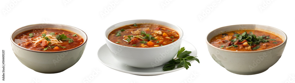 Set of different fresh homemade soups on a transparent background. The concept of tasty, homemade, and healthy food. National Homemade Soup Day Set of different fresh homemade soups on a transparent background. The concept of tasty, homemade, and healthy food. National Homemade Soup Day