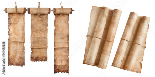 Wide old paper scrolls or banners set. Generative AI. photo