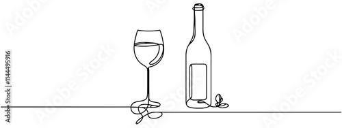 continuous line of wine bottles and glasses.one line drawing vector of wine bottles and glasses.wine drawn in one simple line, Beer glass and bottle one continuous line drawing vector illustration.