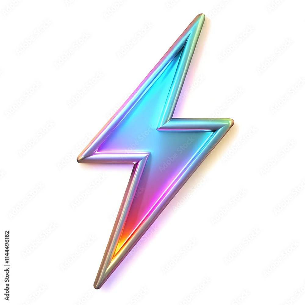 Iridescent lightning bolt icon with a neon glow effect in pastel colors, featuring a glossy finish and a 3D appearance. Isolated on white background Iridescent lightning bolt icon with a neon glow effect in pastel colors, featuring a glossy finish and a 3D appearance. Isolated on white background