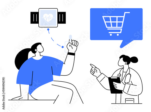 Patient consulting doctor about wearable health device, showing integration with online shopping via smart device. Ideal for healthcare, technology, e-commerce, patient care, digital health