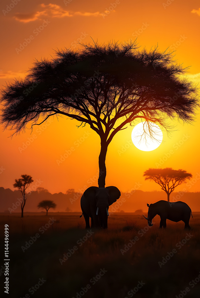 Obraz premium Silhouette of big acacia tree on savanna plains with african elephant. Sunset or sunrise in Africa. Wildlife, panoramic view of Kenya. Black history month concept. World rhino day. Animal protection.