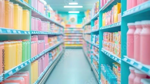 A retrostyle grocery store aisle with pastelcolored food packaging and vintage signage glowing under soft fluorescent lights photo