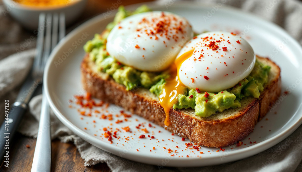 Delicious Avocado Toast with Poached Eggs and Chili Flakes Delicious Avocado Toast with Poached Eggs and Chili Flakes