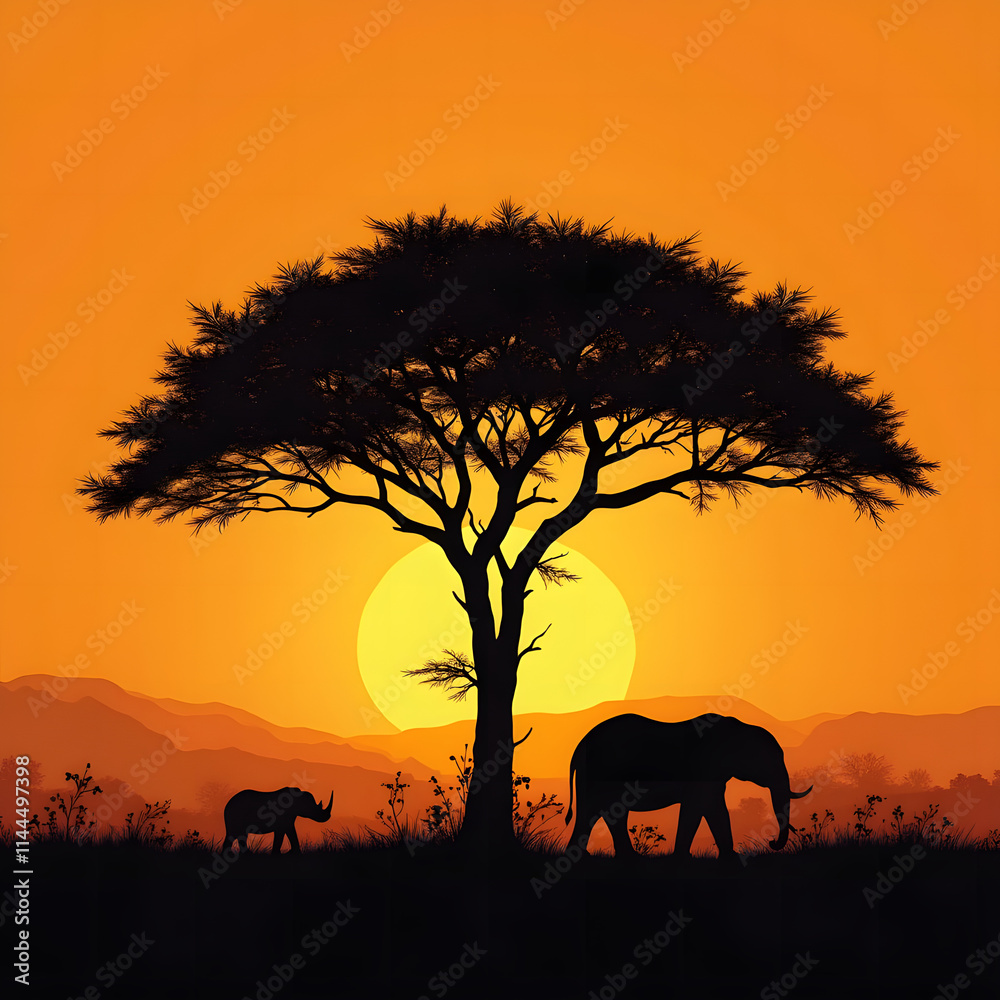 Obraz premium Silhouette of big acacia tree on savanna plains with african elephant. Sunset or sunrise in Africa. Wildlife, panoramic view of Kenya. Black history month concept. World rhino day. Animal protection.
