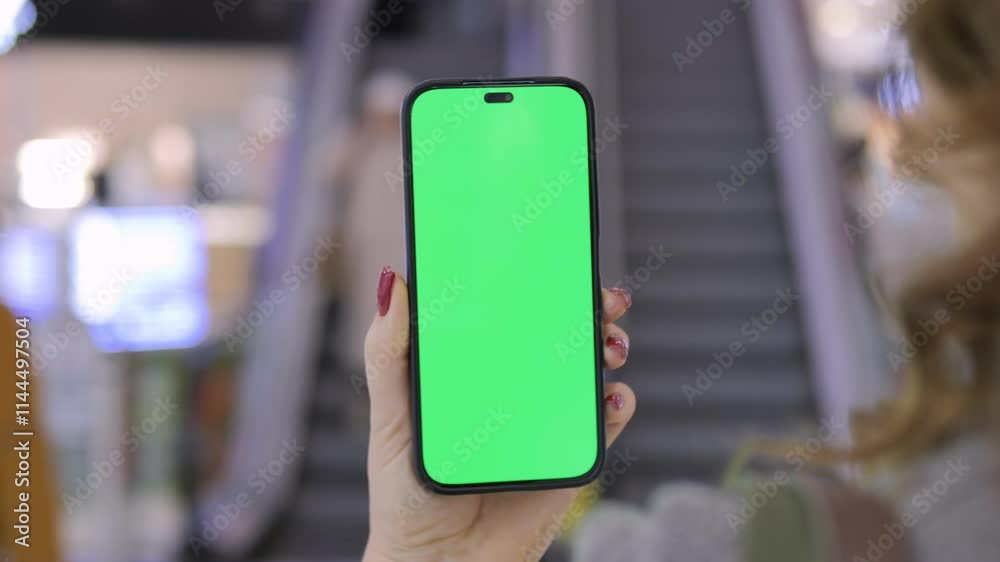 A woman is holding a smartphone featuring a green screen in a modern, urban setting