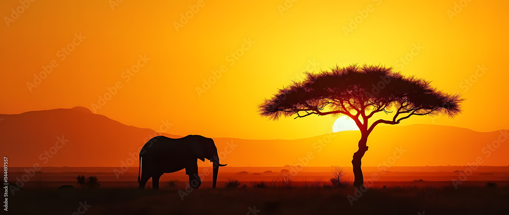 Silhouette of big acacia tree on savanna plains with african elephant. Sunset or sunrise in Africa. Wildlife, panoramic view of Kenya. Black history month concept. World rhino day. Animal protection. Silhouette of big acacia tree on savanna plains with african elephant. Sunset or sunrise in Africa. Wildlife, panoramic view of Kenya. Black history month concept. World rhino day. Animal protection.