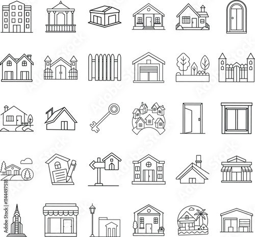 Real Estate Icons Houses, Buildings, Gates, and Property Symbols
