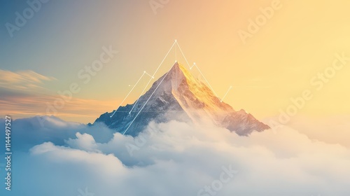 A mountain peak visualized as a growth graph, golden hues, dreamy clouds, photorealistic yet artistic execution photo