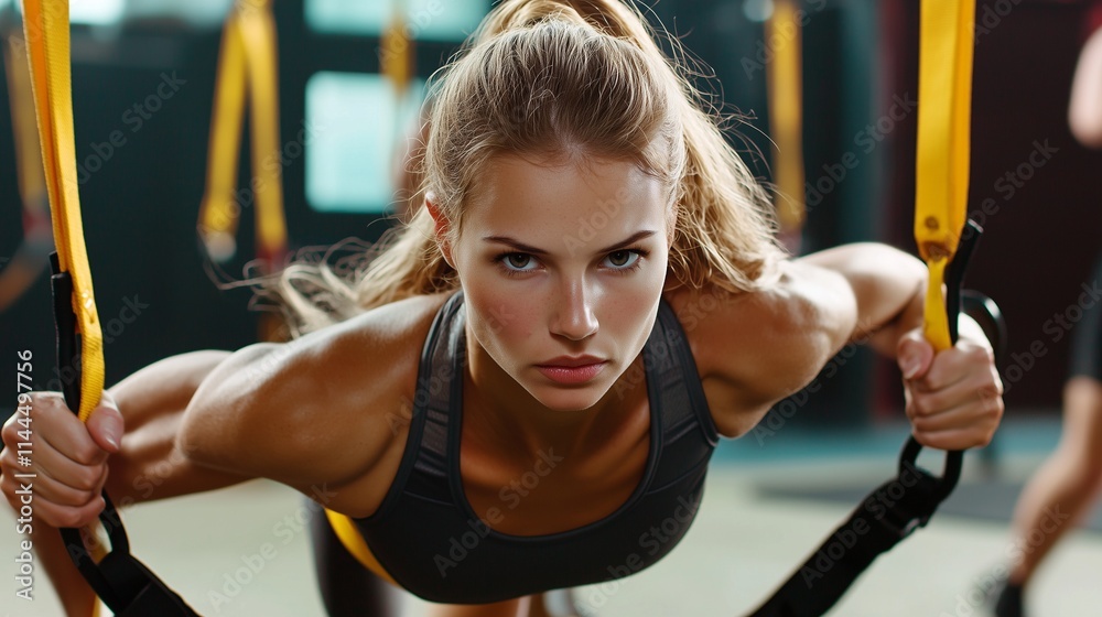 Obraz premium Focused woman using suspension straps for strength training.
