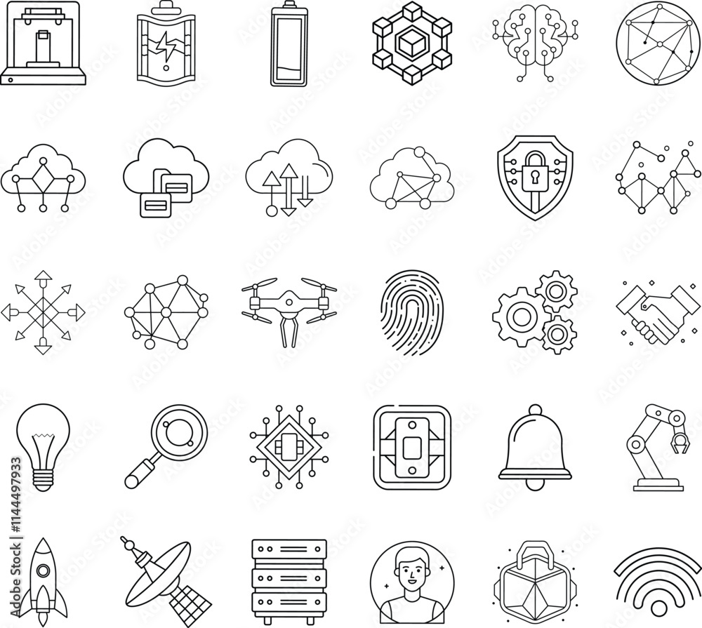 Naklejka premium Technology Icons Network, Cloud, AI, IoT, and Automation Symbols