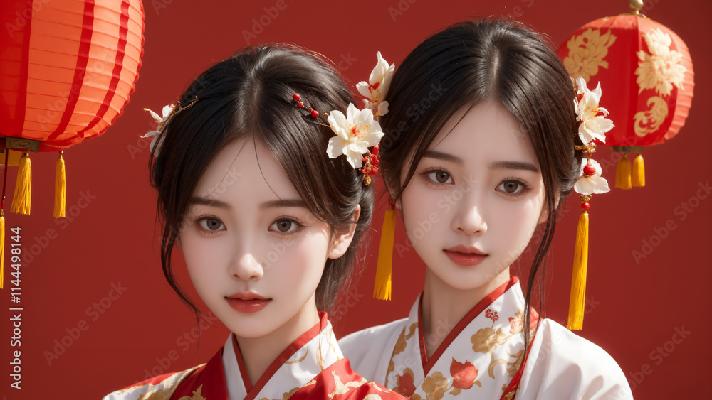 Beautiful Asian Woman Celebrating Chinese New Year Festival in Traditional Clothes Beautiful Asian Woman Celebrating Chinese New Year Festival in Traditional Clothes