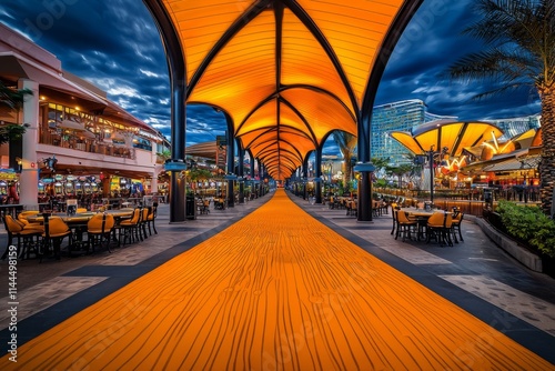 Vibrant walkway lined with seating under dramatic clouds at a lively entertainment district in the evening