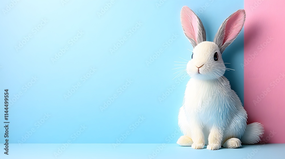 Fototapeta premium Adorable papercut bunny sitting with soft fluffy tail, layered paper textures, pastel palette