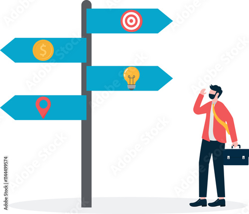 A man stands in front of a signboard to start a business, an illustration to explore business, market prediction, journey to success.
