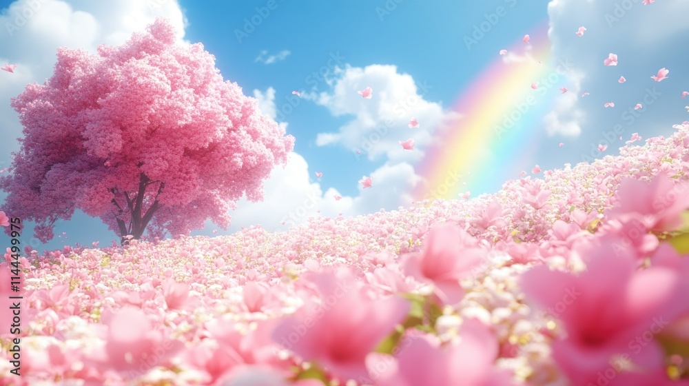 Fototapeta premium A vibrant landscape with pink flowers and a rainbow.