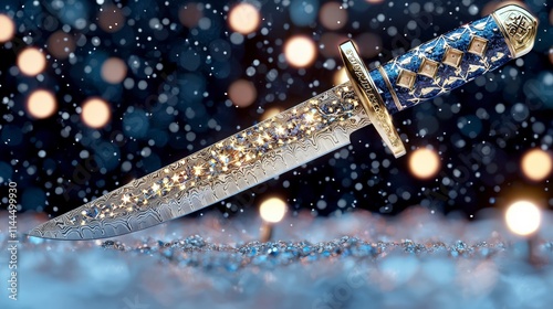 Exquisite Damascus Steel Knife  Hanukkah Festive Culinary Tool  Glowing Accents   Jeweller photo