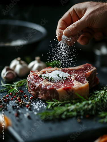 A raw tomahawk steak on a butcher's board surrounded by fresh herbs, garlic cloves, sea salt, and cracked black pepper.