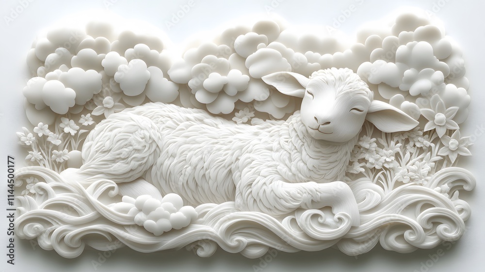 Obraz premium Papercut lamb in a serene pose, layered soft textures, gentle pastel tones