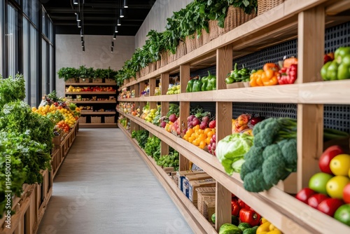 A farmers marketinspired grocery aisle with earthy tones mixed with splashes of bright produce, rustic textures, and natural lighting photo