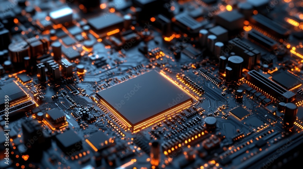 Close-up of Illuminated Circuit Board,  High-Tech Microchip Technology.