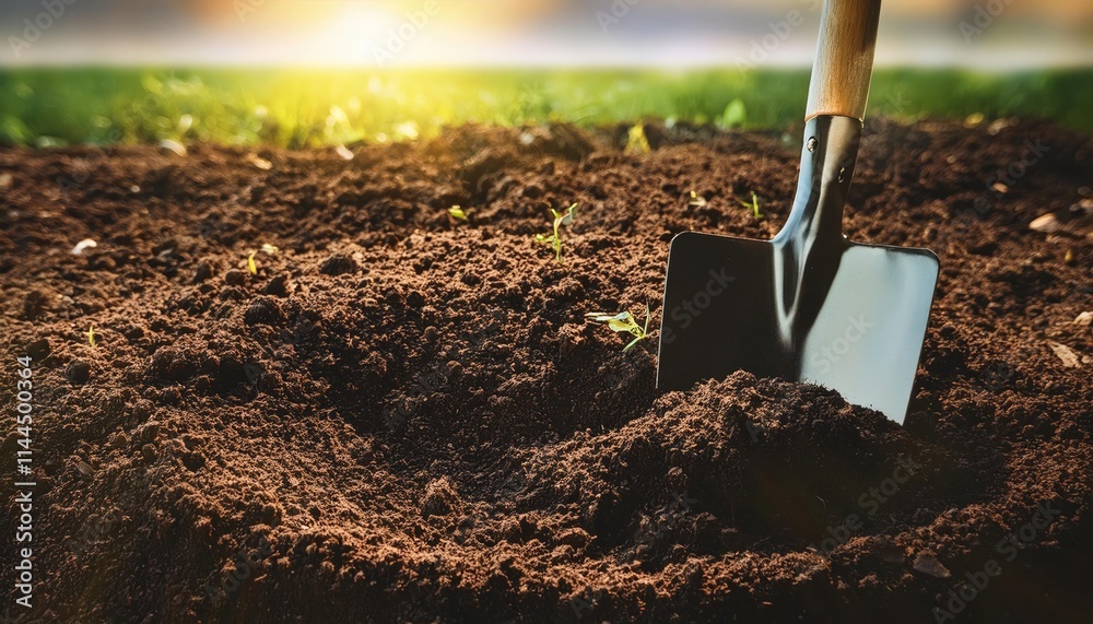 A shovel digging into fresh soil, symbolizing new projects, beginnings, or groundbreaking work A shovel digging into fresh soil, symbolizing new projects, beginnings, or groundbreaking work