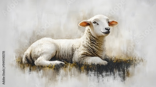 Watercolor lamb resting on grass with spring flowers, delicate spiritual theme photo