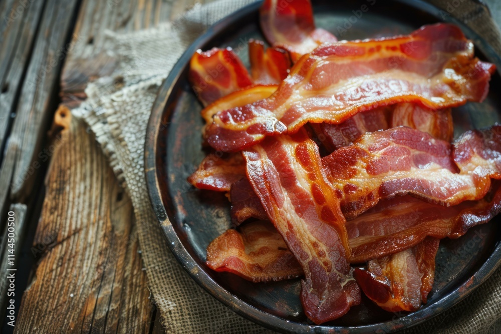 Delicious crispy bacon resting on a dark plate on a wooden table with a burlap tablecloth Delicious crispy bacon resting on a dark plate on a wooden table with a burlap tablecloth