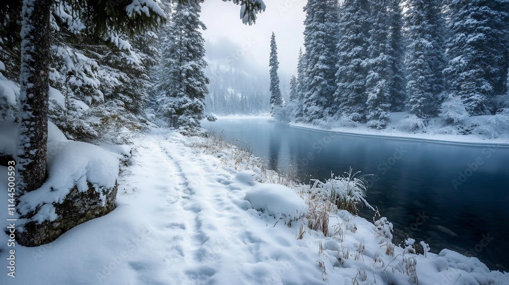 Snowy path beside a tranquil river in a winter forest.