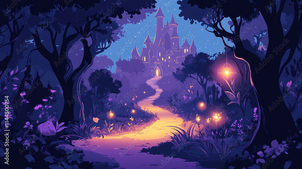 Enchanted Forest Path: A mystical path winds its way through a dreamy forest, leading to a majestic castle bathed in moonlight. Glowing lanterns illuminate the way, hinting at magic and wonder. Enchanted Forest Path: A mystical path winds its way through a dreamy forest, leading to a majestic castle bathed in moonlight. Glowing lanterns illuminate the way, hinting at magic and wonder.