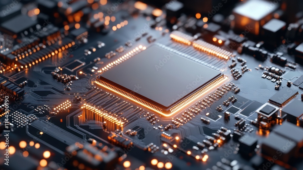 Close-up of illuminated computer microprocessor on circuit board. Close-up of illuminated computer microprocessor on circuit board.