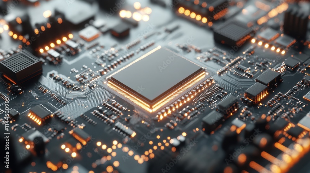 Close-up of Illuminated Microchip on Circuit Board. Close-up of Illuminated Microchip on Circuit Board.