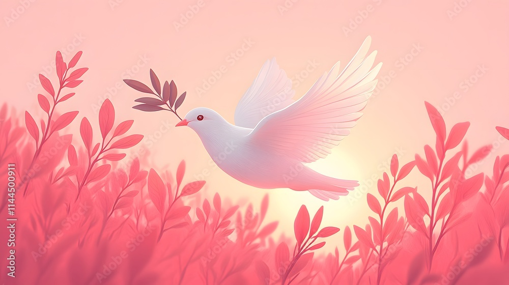 Fototapeta premium Flat vector dove holding olive leaf, set against a glowing Easter light, clean lines