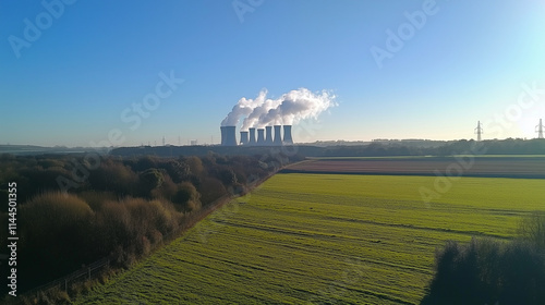 Nowoczesna elektrownia jądrowa położona na zielonym polu, z wieżami chłodniczymi, z których unoszą się białe smugi pary pod bezchmurnym niebem. photo