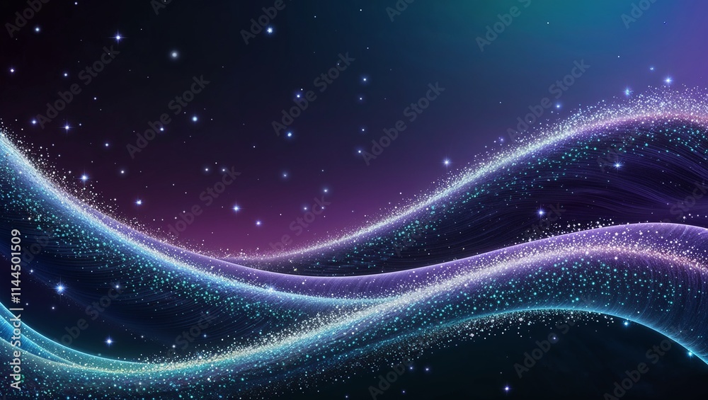 Obraz premium A mesmerizing digital backdrop with undulating waves of shimmering, iridescent particles and glowing starlight, creating a cosmic, magical ambiance.