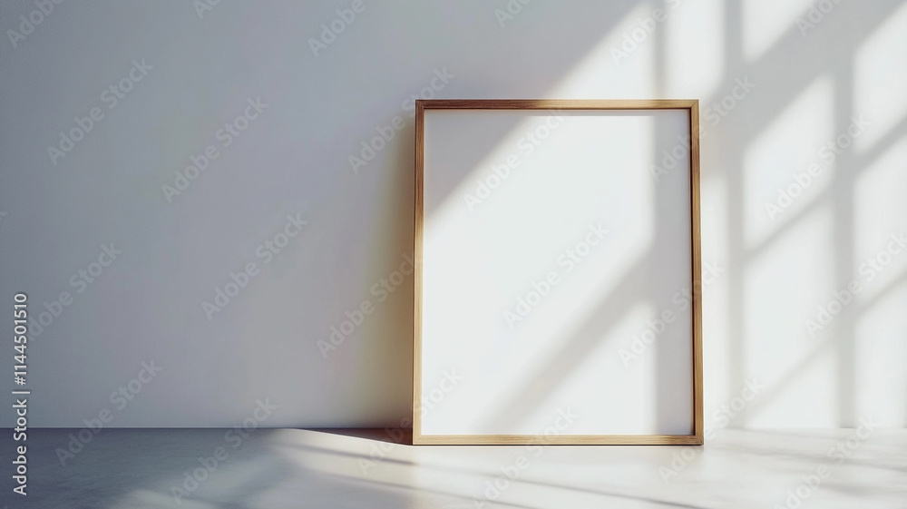 Minimalist golden wooden picture frame with a white background