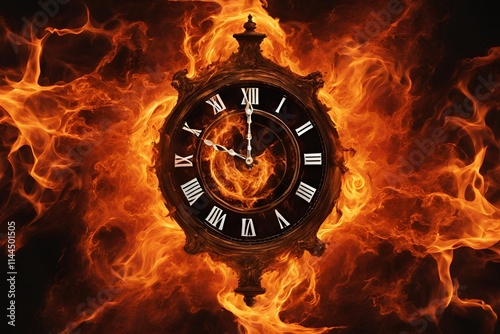 An abstract image of a clock on fire, with flames melting the clock's hands and distorting the numbers. The fiery background emphasizes the concept of time burning away, creating a dramatic, intense s photo