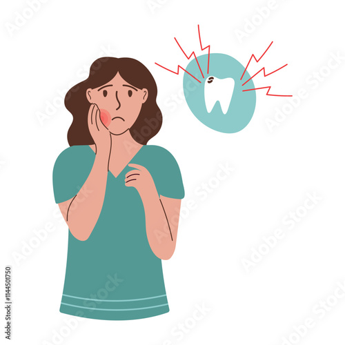 Unhappy woman holding her cheek and suffering from toothache. Tooth with caries in speech bubble