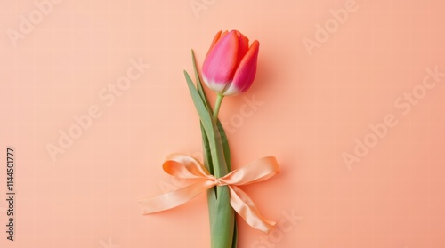 A single tulip with a ribbon tied around its stem for Mother's Day on a pastel salmon background