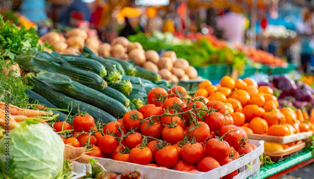Various Fresh and Colorful Vegetables Sold at a Traditional Market with a Lively and Busy Atmosphere Various Fresh and Colorful Vegetables Sold at a Traditional Market with a Lively and Busy Atmosphere
