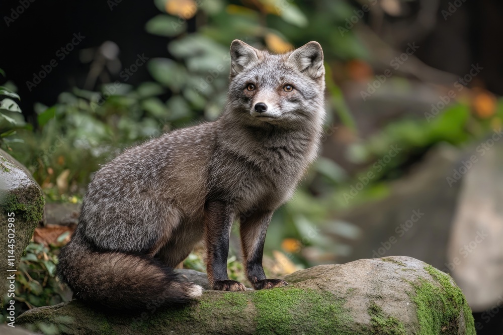 Naklejka premium Grey fox sitting on a rock in the forest