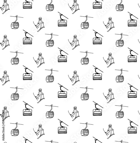 Ski cable lift for ski resort and winter sports and skier. Seamless pattern with ski elevator. Graphic line Design for tourist. Vector illustration cable car.