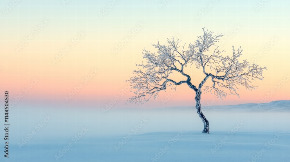 A serene snowy landscape with a single tree in the foreground on a soft blue background A serene snowy landscape with a single tree in the foreground on a soft blue background