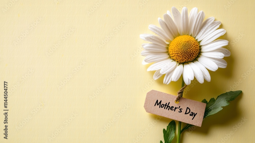 Obraz premium Daisy with a Mother's Day tag on a pastel lemon background